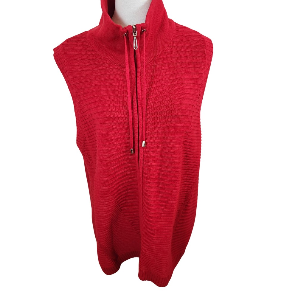 CJ Banks Womens Red Knit Sweater Vest Full Zip Stand Collar Size 1X Holiday Top